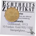 10 Fr. 1913 B Gold Vreneli Goldvreneli 3.23 g., 0.900 Gold mit Echtheitszertifikat