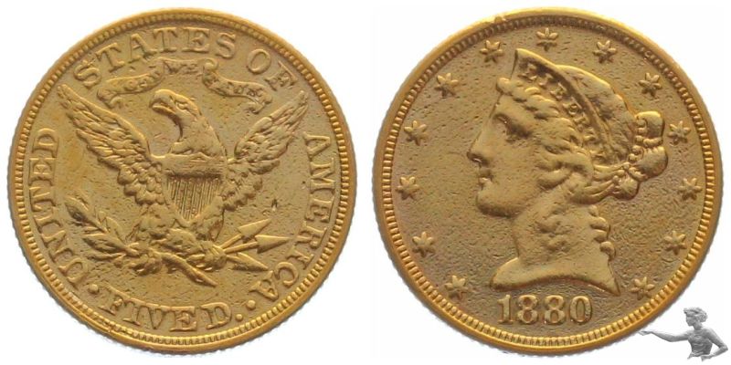 USA 5 $ 1880 Phiadelphia --- Coronet Head --- Gold 1/2 Eagle