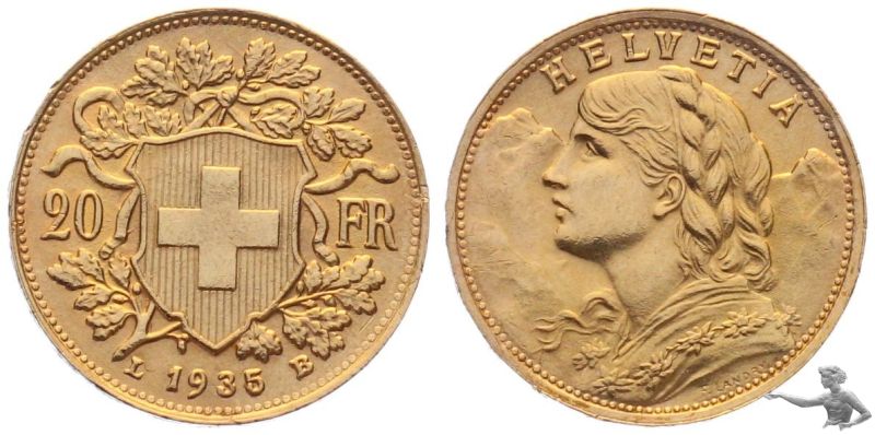 20 Fr. 1935 Gold Vreneli Goldvreneli 6.45 g., 0.900 Gold